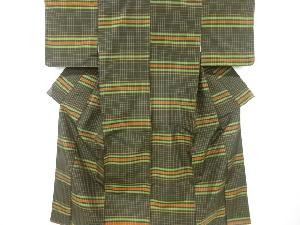 格子に横段模様織り出し米沢紬着物・道中着アンサンブル